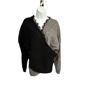 Women's Large Asymmetrical Wrap Sweater with Lace‎ Trim, Color Block Pullover
